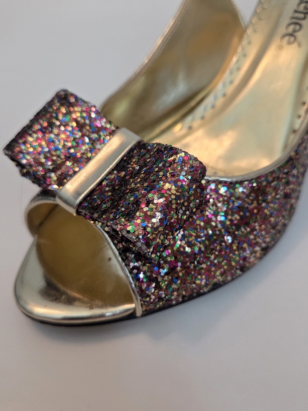 Glitter Slingback Peep-Toe Heels with Bow Metallic Gold Shoes - Picture 2 of 9